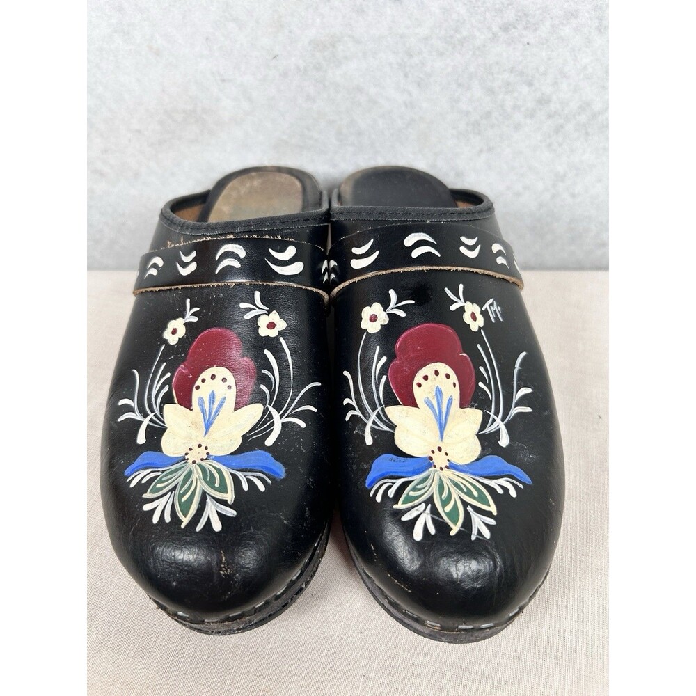 TESSA CLOGS Handpainted Black Flower Leather Wooden Women's Size 39(8.5) Sweden